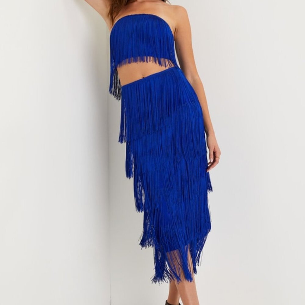 Lulus Remarkable Aura Royal Blue Fringe Strapless Two-piece Midi Dress - Size XS
